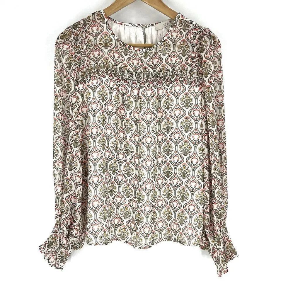 Loft Top Size Small White Tuilerie Floral Print Long Sleeve Ruffle Pleated Shirt